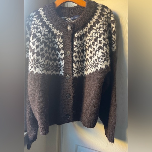 NWT Fuzzy Fair Isle Cardigan Sweater in Brown - Picture 5 of 15